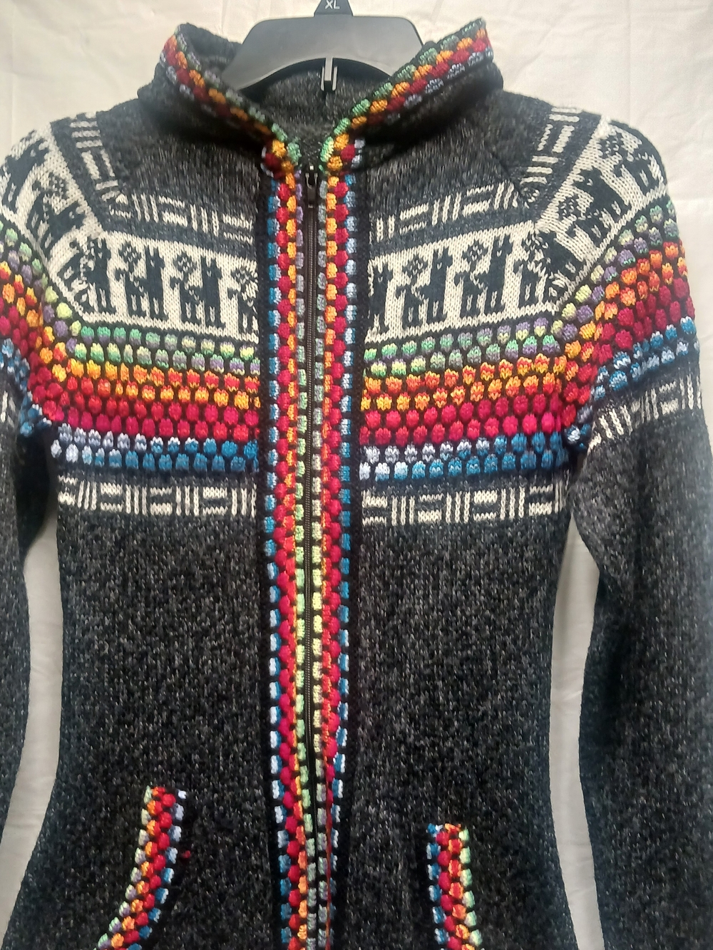 Charcoal Hooded Zip Front Sweater with Multicolor Fair Isle Trim - Picture 8 of 11